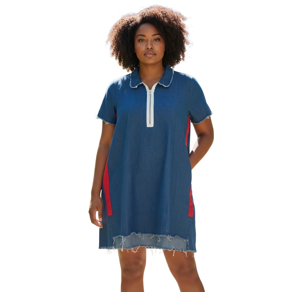 Zara Trafaluc Denim Shift Dress Blue Red Stripe Frayed Hem Quarter Zip Large